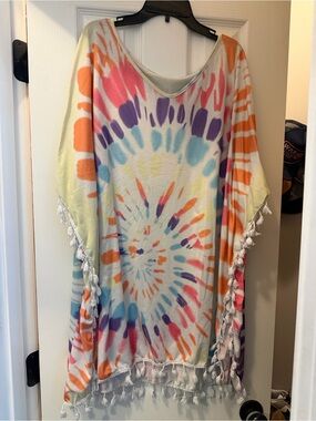 Women's Tie-Dye Poncho Top with Tassel Trim - Multicolor